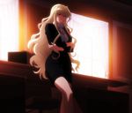  blonde_hair blue_eyes curly_hair formal grisaia_(series) grisaia_no_kajitsu harudera_yuria jacket long_hair office_lady pencil_skirt screencap skirt skirt_suit solo suit sunset very_long_hair 