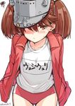  blush brown_eyes brown_hair buruma collarbone cowboy_shot eyebrows_visible_through_hair gym_uniform hands_in_pockets hat_over_one_eye jacket kamoto_tatsuya kantai_collection looking_at_viewer md5_mismatch name_tag ryuujou_(kantai_collection) short_hair solo squiggle sweatdrop track_jacket twintails twitter_username 