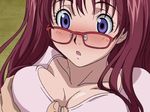  1boy 1girl air_gear animated animated_gif blush breast_grab breasts cleavage female food_in_mouth glasses grabbing grope groping large_breasts long_hair noyamano_ringo purple_eyes red-framed_glasses twintails 