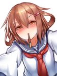  brown_eyes brown_hair feeding food hair_ornament hairclip ikazuchi_(kantai_collection) incoming_kiss kantai_collection looking_at_viewer mouth_hold pocky pov_feeding school_uniform serafuku sharing_food short_hair simple_background solo white_background yapo_(croquis_side) 