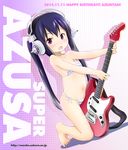  2014 bikini black_hair brown_eyes dutch_angle electric_guitar flat_chest guitar happy_birthday headphones instrument k-on! long_hair looking_at_viewer micro_bikini nakano_azusa navel nitroplus open_mouth parody side-tie_bikini solo straddling striped striped_bikini swimsuit twintails very_long_hair wancho 