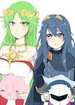 2girls bare_shoulders blue_eyes blue_hair blush_stickers breast_rest breasts cape carrying company_connection fire_emblem fire_emblem:_kakusei green_eyes green_hair hair_ornament hairband haniwa_(8241427) jewelry kid_icarus kid_icarus_uprising kirby kirby_(series) long_hair lucina mask medium_breasts meta_knight multiple_boys multiple_girls necklace palutena shoulder_pads smile super_smash_bros. symbol-shaped_pupils tiara |_| 