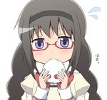  akemi_homura biting black_hairband braid flying_sweatdrops glasses hairband kyubey mahou_shoujo_madoka_magica mai_(t-5) nervous solo twin_braids 