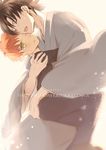  benibeni black_hair emiya_kiritsugu emiya_shirou facial_hair fate/stay_night fate/zero fate_(series) father_and_son hug japanese_clothes kimono multiple_boys orange_hair stubble yellow_eyes 