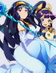  :d blue_eyes cub detached_sleeves dress hairband isis_(p&amp;d) long_hair multiple_girls nephthys_(p&amp;d) onaramaru open_mouth orb ponytail puzzle_&amp;_dragons red_eyes siblings sisters smile sphinx staff 