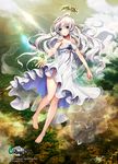  61um bad_id bad_pixiv_id bare_shoulders barefoot cloud dress floating green_eyes halo legs long_hair see-through sky solo strapless strapless_dress wavy_hair white_hair 