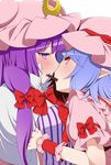  blue_hair blush bow eichi_yuu eye_contact food hair_bow hat long_hair looking_at_another multiple_girls patchouli_knowledge pocky pocky_kiss pointy_ears purple_eyes purple_hair red_eyes remilia_scarlet shared_food short_hair touhou yuri 