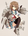  black_legwear blush brown_eyes brown_hair cannon character_name furutaka_(kantai_collection) grey_background kantai_collection kinona machinery neckerchief pleated_skirt sailor_collar school_uniform serafuku short_hair sitting skirt solo thighhighs turret 