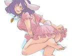  animal_ears arms ass back_cutout bare_legs barefoot breasts bunny_ears bunny_tail carrot_necklace cosplay dress dress_tug embarrassed feet inaba_tewi inaba_tewi_(cosplay) jewelry large_breasts leg_up legs looking_to_the_side mabui no_panties pendant pink_dress purple_hair red_eyes short_hair simple_background solo tail tears thighs touhou white_background yasaka_kanako 