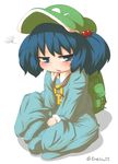  backpack bad_id bad_pixiv_id bag blue_eyes blue_hair hair_bobbles hair_ornament hat inunoko. kawashiro_nitori key looking_at_viewer pants shirt sitting solo squiggle touhou two_side_up 