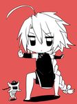  :&lt; ahoge alternate_costume blazblue braid chibi china_dress chinese_clothes closed_mouth dress fighting_stance lambda-11 long_hair monochrome simple_background tartar v-shaped_eyebrows yuya_(oshidori) 