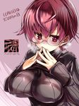  blush breasts glasses impossible_clothes large_breasts original red_eyes red_hair ribbed_sweater short_hair solo steepled_fingers sweater tokita_monta turtleneck 