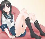  black_hair black_legwear couch hatsuyuki_(kantai_collection) kantai_collection kyoukya_(kyouya02) long_hair panties pantyshot pantyshot_(sitting) pleated_skirt school_uniform serafuku sitting skirt solo underwear 