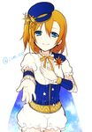 bad_id bad_pixiv_id blue_eyes cape chisumi constellation_costume earrings frills gloves hand_on_own_chest hat jewelry kousaka_honoka looking_at_viewer love_live! love_live!_school_idol_project one_side_up orange_hair outstretched_hand puffy_shorts reaching_out short_hair shorts solo twitter_username white_background zodiac 