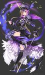  dual_wielding empew gyakushuu_no_fantasica hat holding long_hair looking_at_viewer official_art original ponytail purple_eyes purple_hair simple_background solo staff sword very_long_hair weapon 