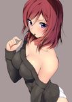  ass bare_shoulders blush breasts cleavage collarbone food large_breasts looking_at_viewer love_live! love_live!_school_idol_project matarou_(genkai_toppa) mouth_hold nishikino_maki no_bra no_pants off-shoulder_sweater off_shoulder panties pocky pocky_day purple_eyes red_hair ribbed_sweater short_hair solo sweater underwear white_panties 