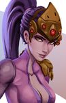  bodysuit breasts carlos_eduardo center_opening cleavage head_mounted_display highres light_smile lips long_hair looking_at_viewer md5_mismatch medium_breasts overwatch pink_bodysuit ponytail purple_hair solo upper_body widowmaker_(overwatch) 