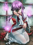  borrowed_character bow breasts eudetenis fan folding_fan full_body ghost green_eyes highres hitodama isabelle_(acerailgun) japanese_clothes kimono looking_at_viewer mask medium_breasts original purple_hair ribbon seiza sitting smirk solo 
