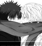  accelerator black_hair eye_contact greyscale kamijou_touma looking_at_another lowres monochrome multiple_boys sakana_(caviarfish) scarf scarf_over_mouth shared_scarf short_hair spiked_hair to_aru_majutsu_no_index 