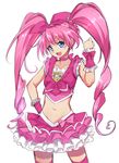  :d blue_eyes bow brooch chiroru_(7450n) choker cure_melody frilled_skirt frills heart houjou_hibiki jewelry looking_at_viewer magical_girl midriff navel open_mouth pink_bow pink_choker pink_hair precure simple_background skirt smile solo suite_precure twintails white_background 