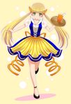  anklet blonde_hair bubble_skirt drink drinking_straw flat_chest food fruit green_eyes hair_ornament highres jewelry long_hair no_socks orange orange_peel orange_slice orangina personification see-through skirt solo tray tsuka_(tsuka0808) waitress 