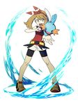  aqua_eyes bad_id bad_pixiv_id bike_shorts brown_hair fanny_pack full_body gen_3_pokemon hair_ribbon haruka_(pokemon) holding holding_poke_ball looking_at_viewer mudkip open_mouth outstretched_arm poke_ball pokemon pokemon_(creature) pokemon_(game) pokemon_oras ribbon ryanpei shirt shoes shorts sleeveless sleeveless_shirt sneakers tank_top water 