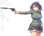  breasts brown_eyes brown_hair daito gun hand_on_hip handgun large_breasts maid_headdress nagant_m1895 original revolver ribbed_sweater short_hair skirt solo suppressor sweater taut_clothes twintails weapon white_background 