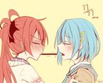  2girls blue_hair blush bow closed_eyes dated food hair_bow hair_ornament hairclip long_hair mahou_shoujo_madoka_magica miki_sayaka multiple_girls open_mouth pocky pocky_day pocky_kiss ponytail profile red_hair sakura_kyouko shared_food short_hair signature simple_background tlkwan yellow_background yuri 