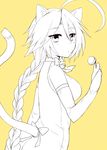  ahoge animal_ears blazblue bodysuit braid candy cat_ears cat_tail food lambda-11 lollipop long_hair looking_back monochrome solo tail yuya_(oshidori) 