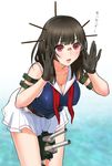  adjusting_eyewear black_hair breasts choukai_(kantai_collection) cleavage covered_nipples food glasses gloves kantai_collection large_breasts leaning_forward long_hair pocky red_eyes sano_toshihide solo thighs translation_request 