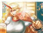  alcohol beer beer_mug blonde_hair blurry boned_meat breasts collarbone cuffs depth_of_field eating fingernails foam food horn hoshiguma_yuugi large_breasts long_fingernails long_hair meat muscle nose oo_gata_ken pointy_ears poster_(object) red_eyes sharp_fingernails sharp_teeth short_sleeves solo steam teeth touhou very_long_hair 