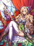  black_legwear blonde_hair blue_eyes breasts cleavage crossed_legs derivative_work detached_sleeves elf empew hair_ornament holding large_breasts long_hair looking_at_viewer original pointy_ears scepter sitting solo staff thighhighs white_legwear 