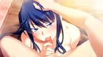  1girl blue_eyes blue_hair blush censored fellatio grisaia_(series) grisaia_no_kajitsu hand_on_head kusakabe_asako long_hair looking_at_viewer nude oral penis smile water wet 