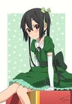  black_hair box brown_eyes dated dress elbow_gloves errant gloves green_dress hair_ribbon k-on! long_hair nakano_azusa ribbon sitting smile solo twintails 