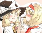  alice_margatroid bad_id bad_pixiv_id blonde_hair blush bow bowtie food hat hat_bow kirisame_marisa mouth_hold multiple_girls necktie pocky red_neckwear sharing_food shino_(r_shughart) short_sleeves smile touhou upper_body white_bow witch_hat yellow_bow yellow_neckwear yuri 