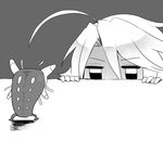  ahoge blazblue greyscale lambda-11 monochrome simple_background staring sweatdrop table tartar under_table yuya_(oshidori) 