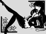  black_hair cum formal houkago_play long_hair lying monochrome necktie pantyhose semen skirt suit tie yellow_eyes 