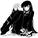  controller feet formal monochrome necktie pantyhose sitting skirt suit tie yellow_eyes 