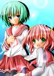  blue_eyes green_eyes green_hair iwasaki_minami kobayakawa_yutaka looking_back lucky_star multiple_girls pantyhose pink_neckwear red_hair ryouou_school_uniform school_uniform serafuku short_hair t_(dyuhuhudyukusi) twintails 