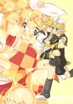  1girl bad_id bad_pixiv_id blonde_hair blue_eyes blush brother_and_sister carrying closed_eyes hair_ornament hair_ribbon hairclip headphones holding kagamine_len kagamine_rin ribbon ryou_(fallxalice) short_hair shorts siblings twins vocaloid 