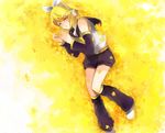  blonde_hair closed_eyes flower hair_ornament hair_ribbon hairclip headphones kagamine_rin kokoro_(vocaloid) lying not_(artist) on_side ribbon short_hair shorts solo vocaloid 