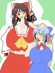  breasts cirno food gamaguchi gigantic_breasts hakurei_reimu kloah multiple_girls popsicle touhou watermelon_bar 