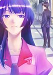  1girl araragi_koyomi bakemonogatari black_hair blue_eyes long_hair monogatari_(series) purple_hair ruler school_uniform scissors senjougahara_hitagi short_hair yusao 