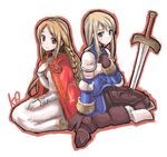  agrias_oaks armor bad_id bad_pixiv_id blonde_hair blush boots braid brown_eyes brown_hair cape dress final_fantasy final_fantasy_tactics gloves green_eyes knight kou_(garakuta_teikoku) long_hair multiple_girls oekaki ovelia_atkascha side_braid single_braid sitting smile sword weapon 