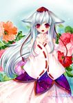  alternate_hair_length alternate_hairstyle animal_ears bad_id bad_pixiv_id detached_sleeves flower grandia_bing hat inubashiri_momiji long_hair red_eyes silver_hair solo tokin_hat touhou very_long_hair wolf_ears 