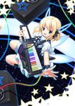  android bad_id bad_pixiv_id blonde_hair blue_eyes highres instrument keyboard_(instrument) keytar koi_(koisan) original rainbow robot_ears solo speaker star wings 