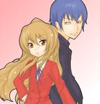  1girl aisaka_taiga back-to-back bad_id bad_pixiv_id blue_hair brown_hair takasu_ryuuji titanic21 toradora! 