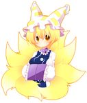  :&lt; bad_id bad_pixiv_id blonde_hair colored_eyelashes fox_tail hands_in_opposite_sleeves hat kiri_futoshi long_sleeves looking_at_viewer multiple_tails pillow_hat short_hair simple_background solo tail tassel touhou upper_body white_background wide_sleeves yakumo_ran yellow_eyes 
