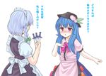  blue_hair blush food fruit hair_ribbon hat hinanawi_tenshi izayoi_sakuya knife maid multiple_girls peach racer_(magnet) red_eyes ribbon silver_hair touhou translated 