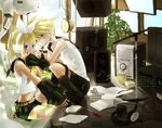  1girl aqua_eyes bad_id bad_pixiv_id blonde_hair brother_and_sister computer goni_hane hair_ornament hair_ribbon hairclip headphones kagamine_len kagamine_rin microphone ribbon short_hair shorts siblings speaker sweat twins vocaloid 